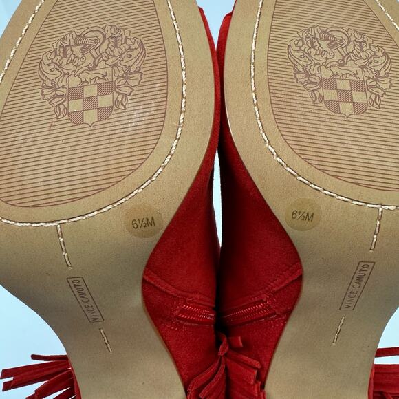 NEW Vince Camuto Amenala Bright Red Faux Suede Western Fringe Peep Toe Bootie - Picture 13 of 14